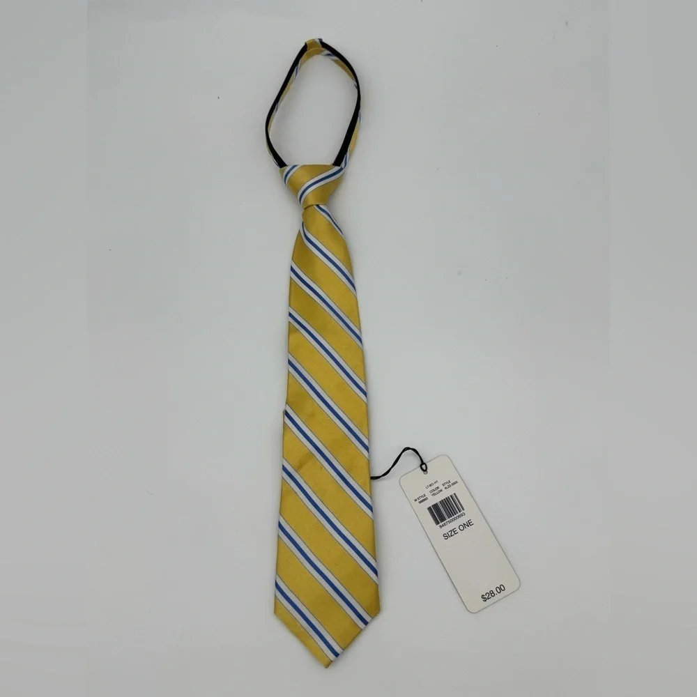 NWT Boys 100% Silk Clip on neck tie striped yellow blue adjustable zip easy on